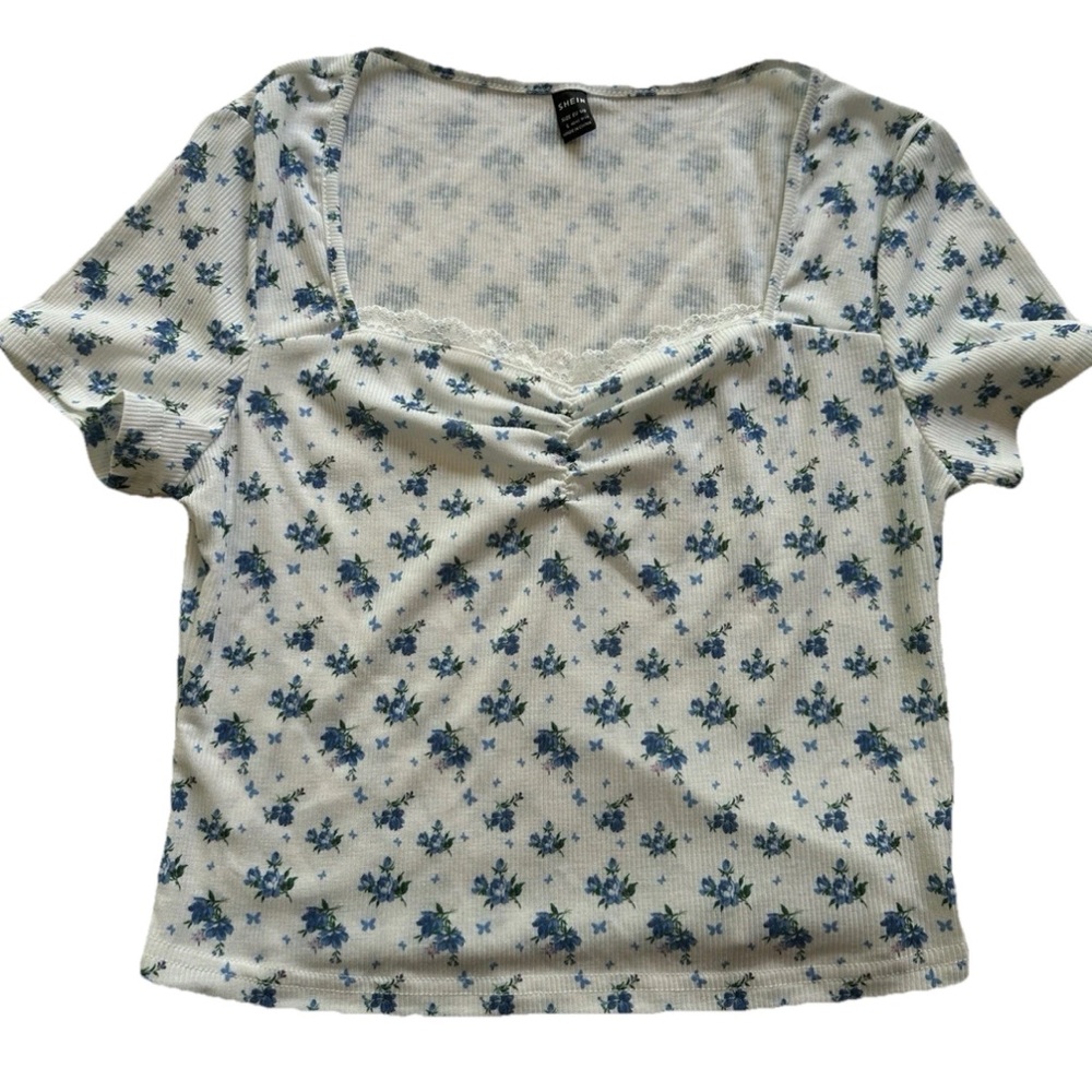 Shein Women's Floral Print Ribbed Cropped Cinched Sweetheart Tee Size Large